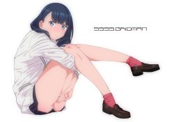 Rule 34 | 1girl, black hair, blue eyes, blush, chromatic aberration, copyright name, covering privates, covering crotch, full body, glaring, gridman universe, highres, jacket, knees up, legs, loafers, looking at viewer, shoes, simple background, sitting, skirt, socks, solo, ssss.gridman, takarada rikka, teddy (takarada), thighs, white background, white jacket