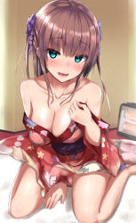 Rule 34 | 1girl, absurdres, akiamare, bar censor, bare shoulders, barefoot, blue eyes, blush, breasts, brown hair, censored, cleavage, collarbone, cum, cumdrip, erection, floral print, flower, foreshortening, futanari, hair flower, hair ornament, highres, indoors, japanese clothes, kimono, large breasts, long sleeves, looking at viewer, mosaic censoring, nose blush, obi, off shoulder, original, penis, precum, radiator, red kimono, sash, sitting, solo, testicles, two side up, wariza