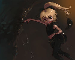 Rule 34 | 1girl, bare shoulders, black eyes, blonde hair, female focus, kurodani yamame, looking at viewer, md5 mismatch, outstretched arm, pants, ponytail, resolution mismatch, running, shirt, sleeveless, sleeveless shirt, solo, source larger, touhou, yst