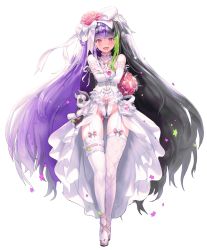 Rule 34 | 1girl, bare shoulders, black hair, bouquet, bow, breasts, choker, corset, destiny child, dress, elbow gloves, flower, garter straps, gloves, green hair, hair bow, hair flower, hair ornament, heart, heart-shaped pupils, highleg, highres, leotard, long hair, looking at viewer, multicolored hair, stuffed toy, purple hair, semele (destiny child), small breasts, star (symbol), symbol-shaped pupils, thigh strap, thighhighs, transparent background, wedding dress
