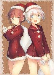 Rule 34 | 10s, 2girls, :d, adapted costume, alternate costume, blue background, blue eyes, brown eyes, brown hair, christmas, cowboy shot, dress, female focus, fur trim, hat, highres, kantai collection, long sleeves, looking at viewer, metindone, multiple girls, open mouth, over shoulder, red dress, sack, sailor collar, sailor dress, santa costume, santa hat, short hair, smile, white hair, z1 leberecht maass (kancolle), z3 max schultz (kancolle)