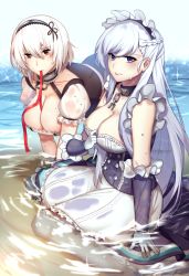 Rule 34 | 2girls, all fours, apron, asymmetrical bangs, azur lane, bare shoulders, belfast (azur lane), blue eyes, bob cut, breasts, cleavage, detached sleeves, gloves, hair ornament, hair ribbon, jewelry, large breasts, long hair, looking at viewer, maid, maid apron, maid headdress, multiple girls, neck ring, parted lips, partially submerged, red eyes, ribbon, short hair, sirius (azur lane), sitting, streya, water, wet, wet clothes, white hair