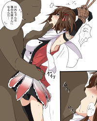 Rule 34 | 10s, 1girl, appei (555), bdsm, black gloves, blush, bondage, bound, breasts, brown hair, comic, commentary request, elbow gloves, gloves, hair ornament, highres, kantai collection, kiss, remodel (kantai collection), restrained, rope, saliva, scarf, sendai (kancolle), short hair, single thighhigh, thighhighs, translation request, white scarf