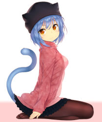 Rule 34 | 1girl, animal ears, black pantyhose, blue hair, blush, cat ears, cat girl, cat tail, feet, from side, hat, lifted by tail, long sleeves, looking at viewer, orange eyes, original, pantyhose, simple background, sitting, smile, solo, tail, zizi (zz22)