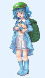 Rule 34 | 1girl, backpack, bag, bloomers, blue background, blue eyes, blue footwear, blue hair, blue shirt, blue skirt, blush, boots, clothes lift, collared shirt, commentary request, commission, flat cap, frilled shirt collar, frills, full body, green hat, hair bobbles, hair ornament, hat, highres, kawashiro nitori, key, lifted by self, long sleeves, naegi (naegidokoro), navel, nipples, nose blush, open mouth, rubber boots, shirt, shirt lift, simple background, skeb commission, skirt, skirt lift, solo, standing, sweat, touhou, two side up, underwear, wavy mouth, white bloomers