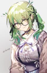 Rule 34 | 1girl, antlers, black-framed eyewear, blouse, breasts, cardigan, casual, ceres fauna, ceres fauna (jirai kei), choker, cleavage, cleavage cutout, clothing cutout, glasses, green hair, highres, hololive, hololive english, horns, leaf, looking at viewer, medium breasts, mole, mole under eye, official alternate costume, shirt, short twintails, simple background, smile, solo, twice12314, twintails, virtual youtuber, yellow eyes