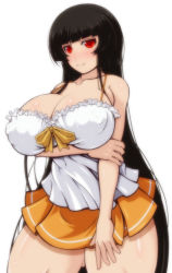 Rule 34 | 1girl, bare shoulders, black hair, breast hold, breasts, cleavage, covered erect nipples, female focus, huge breasts, katsuki yousuke, long hair, miniskirt, original, red eyes, shirt, simple background, skirt, solo, standing, very long hair, white background