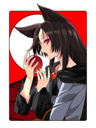 Rule 34 | 1girl, akeboshi kagayo, animal ears, apple, bad id, bad pixiv id, brooch, brown hair, food, fruit, imaizumi kagerou, jewelry, long sleeves, looking at viewer, open mouth, red eyes, shirt, solo, touhou, upper body, wide sleeves, wolf ears