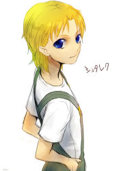 Rule 34 | 1boy, aged down, alex (street fighter), bad id, bad pixiv id, blonde hair, blue eyes, frogcage, hands in pockets, looking back, male focus, overalls, shirt, short hair, simple background, solo, street fighter, t-shirt, white background