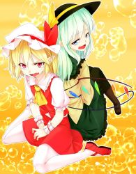 Rule 34 | 2girls, ascot, back-to-back, black legwear, blonde hair, blue eyes, blush, boots, covering privates, covering crotch, dress, flandre scarlet, green hair, hat, hat ribbon, highres, komeiji koishi, kurokuro, mary janes, multiple girls, open mouth, pantyhose, pointy ears, puffy sleeves, red eyes, ribbon, shoes, short hair, sitting, skirt, tears, touhou, wariza, wings, wrist cuffs