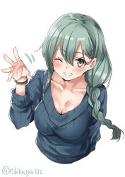 Rule 34 | 1girl, alternate costume, alternate hairstyle, aqua hair, blue sweater, blush, braid, breasts, closed mouth, ebifurya, grey eyes, hair between eyes, hair ornament, hairclip, highres, kantai collection, large breasts, one eye closed, simple background, single braid, smile, solo, suzuya (kancolle), sweater, white background