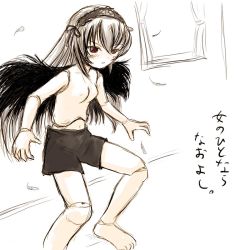 Rule 34 | 00s, barefoot, doll joints, feathers, hair between eyes, joints, red eyes, rozen maiden, shorts, silver hair, simple background, sketch, solo, suigintou, topless, white background, wings, yuuichi (tareme paradise)