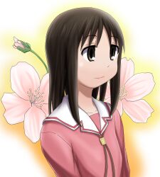 Rule 34 | 1girl, arms at sides, azumanga daioh&#039;s school uniform, azumanga daiou, breasts, brown eyes, brown hair, brown ribbon, bud, cherry blossoms, close-up, closed mouth, commentary, floral background, flower, from side, gradient background, highres, kasuga ayumu, light smile, looking afar, looking ahead, medium hair, morichan, neck ribbon, pink flower, pink serafuku, pink shirt, portrait, ribbon, sailor collar, school uniform, serafuku, shirt, small breasts, smile, solo, upper body, white background, white sailor collar, winter uniform, yellow background