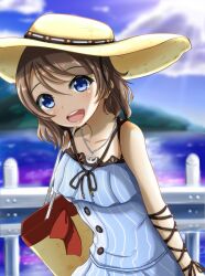 Rule 34 | 1girl, absurdres, anchor symbol, bag, blue eyes, blush, brown hair, fence, hat, highres, jewelry, love live!, love live! sunshine!!, nanao (m44132yf), necklace, ocean, short hair, smile, solo, sun, watanabe you, water