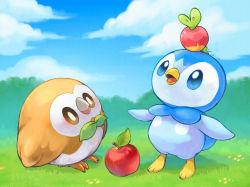 Rule 34 | apple, applin, blue eyes, brown hair, closed mouth, cloud, commentary request, creatures (company), day, food, fruit, game freak, gen 4 pokemon, gen 7 pokemon, gen 8 pokemon, grass, highres, looking up, nintendo, no humans, on head, open mouth, outdoors, piplup, pokemon, pokemon (creature), pokemon on head, rowlet, sky, toneko, tongue