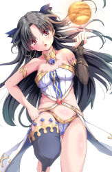 Rule 34 | 1girl, :o, armlet, asymmetrical legwear, bare arms, bare legs, bare shoulders, black gloves, black hair, blue gemstone, blue ribbon, blue thighhighs, blush, breasts, bridal gauntlets, clenched hand, collarbone, crown, earrings, elbow gloves, fate/grand order, fate (series), female focus, floating hair, gem, gloves, hair ribbon, head tilt, highres, hoop earrings, index finger raised, ishtar (fate), jewelry, legs, long hair, looking at viewer, maimu (gol-em-1226), medium breasts, neck, neck ring, open mouth, orb, planet, red eyes, revealing clothes, ribbon, simple background, single elbow glove, single glove, single thighhigh, solo, strapless, thighhighs, thighlet, toeless legwear, toes, tohsaka rin, two side up, type-moon, uneven legwear