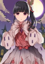 Rule 34 | 1girl, :o, absurdres, animal, bat (animal), black hair, bow, butterfly hair ornament, cloud, commentary, full moon, grey skirt, hair ornament, halloween, highres, hood, hood down, kimetsu no yaiba, long hair, long sleeves, looking at viewer, moon, night, night sky, norazura, parted lips, pleated skirt, purple sky, red bow, red eyes, red ribbon, red shirt, ribbon, shirt, side ponytail, skirt, sky, sleeves past fingers, sleeves past wrists, solo, tsuyuri kanao