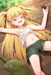 Rule 34 | 1girl, = =, animal, armpits, bare shoulders, blonde hair, blush, breasts, butterfly net, closed eyes, clothes lift, collarbone, commentary, cowboy shot, day, fang, grass, green shorts, hair bobbles, hair ornament, hand net, highres, holding, holding animal, hot, idolmaster, idolmaster cinderella girls, j2l, jougasaki rika, lens flare, long hair, lying, navel, on back, open mouth, shadow, shirt lift, short shorts, shorts, sidelocks, signature, skin fang, small breasts, solo, stag beetle, stomach, summer, sweat, tank top, two side up, white tank top
