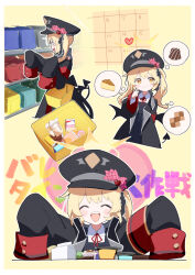 Rule 34 | 1girl, black coat, black dress, black headwear, black tail, black wings, blonde hair, blue archive, blush stickers, closed eyes, closed mouth, coat, collared shirt, demon tail, demon wings, dress, fang, halo, hat, heart, highres, ibuki (blue archive), long hair, multiple views, namaonpa, neck ribbon, open clothes, open coat, open mouth, peaked cap, pinafore dress, red ribbon, ribbon, shirt, side ponytail, sleeveless, sleeveless dress, sleeves past fingers, sleeves past wrists, smile, tail, white shirt, wings, yellow eyes, yellow halo
