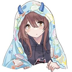 Rule 34 | 1girl, blanket, blush, breasts, brown hair, commentary, debi tarou, demon horns, hair between eyes, holding, holding blanket, hood, hoodie, horns, idolmaster, idolmaster shiny colors, long hair, looking at viewer, lowres, medium breasts, nervous, osaki tenka, parted lips, patterned, simple background, touhou90275, under covers, upper body, white background, yellow eyes