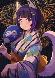 Rule 34 | 1girl, absurdres, animal ear fluff, animal ears, blue eyes, blue hair, blue nails, blunt bangs, blush, breasts, closed mouth, commission, displayer, fingernails, fireworks, floral print, hair ornament, hairclip, hand fan, highres, holding, holding fan, japanese clothes, kimono, looking at viewer, medium breasts, multicolored hair, nail polish, obi, paper fan, print kimono, pukonuu, purple hair, sash, second-party source, short hair, skeb commission, smile, solo, streaked hair, striped clothes, striped kimono, summer festival, tail, uchiwa, vertical-striped clothes, vertical-striped kimono, virtual youtuber, white kimono, yoshibana kokoro