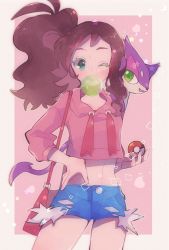 Rule 34 | 1girl, antenna hair, bag, blue shorts, blush, border, brown hair, blowing bubbles, chewing gum, commentary request, creatures (company), eyelashes, game freak, gen 5 pokemon, green eyes, hand on own hip, highres, hilda (pokemon), holding, holding poke ball, misha (ohds101), nintendo, on shoulder, outside border, poke ball, poke ball (basic), pokemon, pokemon (creature), pokemon bw, pokemon on shoulder, ponytail, purrloin, shorts, sidelocks, star (symbol), white border