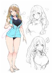 Rule 34 | bad id, bad twitter id, blush, breasts, closed mouth, competition swimsuit, flying sweatdrops, full body, grey eyes, hair ornament, hairclip, highres, hood, hoodie, horns, large breasts, light brown hair, long hair, looking at viewer, one-piece swimsuit, open mouth, original, single horn, smile, spoken sweatdrop, suruga (xsurugax), sweatdrop, swimsuit, swimsuit under clothes, tagme