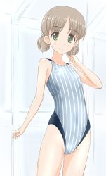 Rule 34 | 10s, 1girl, aki (girls und panzer), bad id, bad pixiv id, bare arms, bare shoulders, blush, brown hair, competition swimsuit, flat chest, girls und panzer, green eyes, highres, looking at viewer, narrow waist, one-piece swimsuit, simple background, smile, solo, standing, striped clothes, striped one-piece swimsuit, swimsuit, takafumi