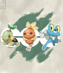 Rule 34 | black eyes, bright pupils, closed mouth, colored sclera, commentary, creature, creatures (company), dreambig, froakie, frown, game freak, gen 3 pokemon, gen 4 pokemon, gen 6 pokemon, highres, nintendo, no humans, open mouth, outstretched arms, pokemon, pokemon (creature), smile, torchic, turtwig, watermark, white pupils, yellow sclera