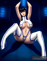Rule 34 | 1girl, absurdres, akiru, anus, anus peek, areola slip, armpits, arms up, artist name, black hair, blue eyes, blunt bangs, boots, breasts, curvy, head tilt, high heel boots, high heels, highres, hip focus, kill la kill, kiryuuin satsuki, large breasts, lips, long hair, looking at viewer, navel, on floor, parted lips, partially visible vulva, pole, revealing clothes, sitting, slingshot swimsuit, solo, spread legs, swimsuit, thigh boots, thighhighs, thighs, watermark, web address, white footwear