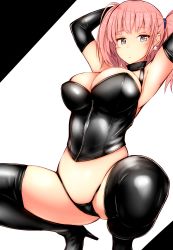Rule 34 | 1girl, absurdres, armpits, arms behind head, arms up, atlanta (kancolle), bare shoulders, bdsm, black footwear, black gloves, black panties, bondage outfit, boots, breasts, brown hair, commentary request, corset, earrings, elbow gloves, female focus, gloves, grey eyes, high heel boots, high heels, highleg, highleg panties, highres, jewelry, kantai collection, katsuten, large breasts, leather, leather boots, leather gloves, long hair, looking at viewer, panties, shiny clothes, solo, spread legs, squatting, star (symbol), star earrings, thigh boots, thighhighs, two side up, underwear