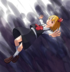 Rule 34 | 1girl, :o, blonde hair, blouse, brown footwear, darkness, hair ribbon, houraijin, outstretched arms, ribbon, rumia, shirt, shoes, short hair, skirt, solo, spread arms, tears, touhou, vest, yellow eyes