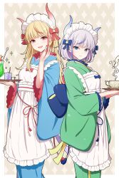 Rule 34 | 2girls, apron, back-to-back, blonde hair, blue bow, blue eyes, blue hair, blue horns, blue kimono, blue tassel, blue trim, blunt bangs, border, bow, closed mouth, commentary request, cup, dot nose, drink, earrings, frilled apron, frilled hairband, frills, green kimono, hair bow, hairband, hand on own cheek, hand on own face, highres, holding, holding tray, horns, japanese clothes, jewelry, kimono, light purple hair, long hair, looking at viewer, maid, maid apron, maid headdress, multicolored hair, multiple girls, obi, obijime, original, outside border, parted lips, red bow, red eyes, red hair, red horns, red lips, red nails, red tassel, red trim, sash, short hair, siblings, sidelocks, sisters, steam, streaked hair, stud earrings, teacup, tokeshi, tray, wa maid, white apron, white border, white hairband, yukata