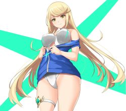 Rule 34 | 1girl, bare shoulders, blonde hair, breasts, dolling60883582, dollinger, headpiece, highres, jacket, large breasts, looking at viewer, mythra (xenoblade), nintendo, smile, solo, swept bangs, swimsuit, tiara, xenoblade chronicles (series), xenoblade chronicles 2, yellow eyes