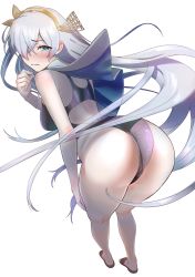Rule 34 | 1girl, absurdres, anastasia (fate), arched back, ass, bare shoulders, bent over, blue eyes, blush, breasts, commentary request, fate/grand order, fate (series), full body, hair over one eye, hand on own knee, highres, kujuu shikuro, large breasts, leaning forward, long hair, looking at viewer, looking back, one-piece swimsuit, sandals, silver hair, smile, solo, swimsuit, thighs, very long hair