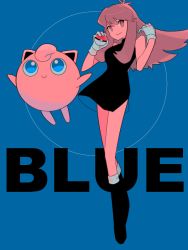 Rule 34 | 1girl, alternate eye color, armpits, bare shoulders, black dress, black footwear, blue background, boots, breasts, brown eyes, brown hair, character name, clenched hands, creatures (company), dress, earrings, eyelashes, female focus, floating, full body, game freak, gen 1 pokemon, gloves, green (pokemon), hands up, happy, holding, holding poke ball, jewelry, jigglypuff, legs, legs together, long hair, looking at viewer, medium breasts, neck, nintendo, poke ball, pokemon, pokemon adventures, short dress, side slit, sidelocks, size difference, sleeveless, sleeveless dress, smile, standing, thighs, turtleneck, turtleneck dress, white gloves, yuri7s0