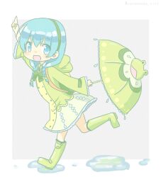 Rule 34 | 1girl, animal-themed umbrella, backpack, bag, blue eyes, blue hair, boots, braid, dress, green bag, green dress, green footwear, green hairband, green umbrella, hairband, holding, holding umbrella, hood, hood down, hooded dress, index finger raised, long hair, open mouth, puddle, rubber boots, saudade sn, shironeko project, solo, tsuyuha (shironeko project), twin braids, umbrella