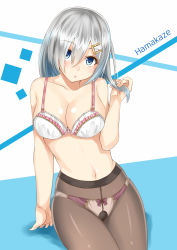 Rule 34 | 10s, 1girl, blue eyes, bow, bow bra, bow panties, bra, breasts, character name, cleavage, crotch seam, gusset, hair ornament, hair over one eye, hairclip, hamakaze (kancolle), kantai collection, lace, lace-trimmed bra, lace trim, large breasts, lingerie, looking at viewer, panties, panties under pantyhose, pantyhose, short hair, silver hair, solo, underwear, underwear only, white bra, xsorax812