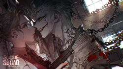 Rule 34 | 1boy, 1girl, against wall, batman (series), blonde hair, blood, blood splatter, chain, dc comics, earrings, evil smile, eye contact, finger on trigger, glasses, green hair, gun, handgun, harley quinn, holding, holding gun, holding weapon, jewelry, kawacy, lab coat, logo, looking at another, name tag, necktie, pale skin, parted lips, pistol, ponytail, sig sauer, smile, straitjacket, suicide squad, sweat, tattoo, the joker, weapon, window, yellow eyes