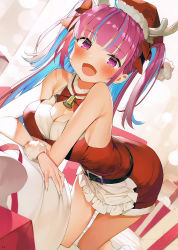 Rule 34 | 1girl, absurdres, alternate costume, apron, bare shoulders, bell, belt, black belt, blue eyes, blush, bow, box, breasts, christmas, cleavage, cleavage cutout, clothing cutout, colored inner hair, dress, fake antlers, frills, gaou (umaiyo puyoman), gift, gift box, hair bow, hat, high heels, highres, hololive, kneeling, large breasts, leaning forward, long hair, looking at viewer, medium breasts, minato aqua, multicolored hair, no legwear, on bed, open mouth, page number, pom pom (clothes), purple eyes, purple hair, red dress, santa costume, santa hat, scan, shiny clothes, shiny skin, short dress, simple background, sleeveless, smile, solo, streaked hair, twintails, virtual youtuber, waist apron