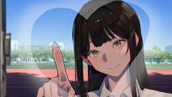 Rule 34 | 1girl, absurdres, black hair, closed mouth, day, heart, highres, index finger raised, jhigf, looking at viewer, original, running track, smile, solo, window, yellow eyes