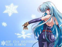Rule 34 | 1girl, anniversary, ass, back, belt, blue hair, c.r., elbow gloves, gloves, highres, kula diamond, long hair, looking back, pink eyes, purple jeans, snk, snow, snowflakes, solo, the king of fighters, very long hair, wallpaper