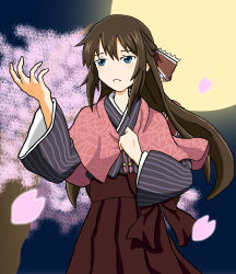 Rule 34 | 1girl, absurdres, aqua eyes, artist name, artist request, blue eyes, blue kimono, blue sky, blush, bow, breasts, brown bow, brown hair, brown hakama, capelet, cloud, falling petals, female focus, floating hair, frilled bow, frills, full moon, hair between eyes, hair bow, hakama, hakama skirt, half-closed eyes, half updo, highres, japanese clothes, kimono, layered skirt, long hair, long sleeves, looking at viewer, love live!, love live! nijigasaki high school idol club, love live! school idol festival, moon, night, night sky, osaka shizuku, outdoors, parted lips, petals, pink capelet, pink petals, pink ribbon, ponytail, red bow, red ribbon, ribbon, skirt, sky, small breasts, smile, solo, striped clothes, striped kimono, vertical-striped clothes, vertical-striped kimono, wavy hair, wide sleeves