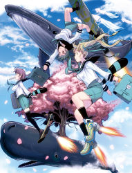 Rule 34 | 3girls, bad id, bad pixiv id, bag, blonde hair, blue hair, boots, brown eyes, cherry blossoms, cloud, day, digital media player, earphones, flying, flying whale, highres, ipod, kouno (masao), mouth hold, multiple girls, original, pink hair, raccoon tail, satchel, school uniform, serafuku, sky, socks, squid, surreal, tail, thighhighs, tree, twintails, whale