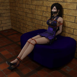 Rule 34 | 1girl, arms behind back, bdsm, black hair, blue dress, bondage, bound, bound ankles, breast bondage, breasts, cleavage, crescent, crescent earrings, dress, earrings, final fantasy, final fantasy vii, final fantasy vii remake, gag, gagged, high heels, highres, improvised gag, jewelry, legs, red eyes, square enix, tape, tape gag, tifa lockhart, tifa lockhart (refined dress), todnorth, wall market