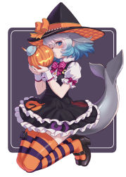 Rule 34 | 1girl, black dress, blue eyes, blue hair, bow, bowtie, bucket hat, cetacean tail, collar, commentary, common bottlenose dolphin (kemono friends), dolphin girl, dress, fins, fish tail, frilled collar, frilled dress, frills, hat, high collar, highres, jack-o&#039;-lantern, japari symbol, kemono friends, kemono friends 3, kosai takayuki, looking at viewer, multicolored hair, official alternate costume, one eye closed, orange thighhighs, puffy short sleeves, puffy sleeves, purple thighhighs, red bow, red bowtie, short hair, short sleeves, sleeve cuffs, solo, striped clothes, striped thighhighs, tail, thighhighs, two-tone dress, two-tone legwear, white dress, white hair, witch, witch hat, zettai ryouiki