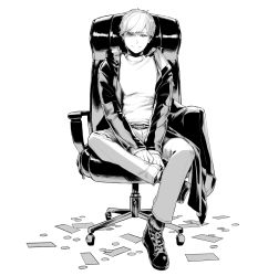Rule 34 | 1boy, belt, chair, cherico, closed mouth, coin, copyright request, greyscale, hatching (texture), jacket, male focus, money, monochrome, office chair, original, simple background, sitting, smile, solo, swivel chair, white background, zipper, zipper pull tab