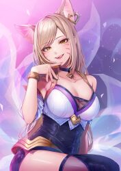 Rule 34 | 1girl, ahri (league of legends), animal ears, bare shoulders, blonde hair, bracelet, breasts, choker, cleavage, facial mark, fox ears, fox tail, hand up, heart, highres, jewelry, k/da (league of legends), k/da ahri, large breasts, league of legends, long hair, looking at viewer, momoirone, shiny clothes, smile, solo, tail, thighhighs, whisker markings, yellow eyes