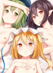 Rule 34 | 3girls, arm up, bed sheet, black hair, blonde hair, blush, breasts, collarbone, commentary request, flandre scarlet, flat chest, green eyes, green hair, hair between eyes, hand on own chest, hat, houjuu nue, komeiji koishi, long hair, lying, mob cap, multiple girls, nipples, nude, on back, one side up, parted lips, pointy ears, pspmaru, red eyes, slit pupils, small breasts, touhou, white hat