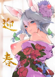 Rule 34 | 1girl, alternate costume, blue eyes, bow, braid, breasts, floral print, from behind, green bow, grey hair, hair bow, hair ornament, highres, izayoi sakuya, japanese clothes, kimono, large breasts, looking at viewer, looking back, medium hair, nipples, parted lips, pink kimono, rabbit ears, side braids, smile, soi, solo, touhou, twin braids, upper body